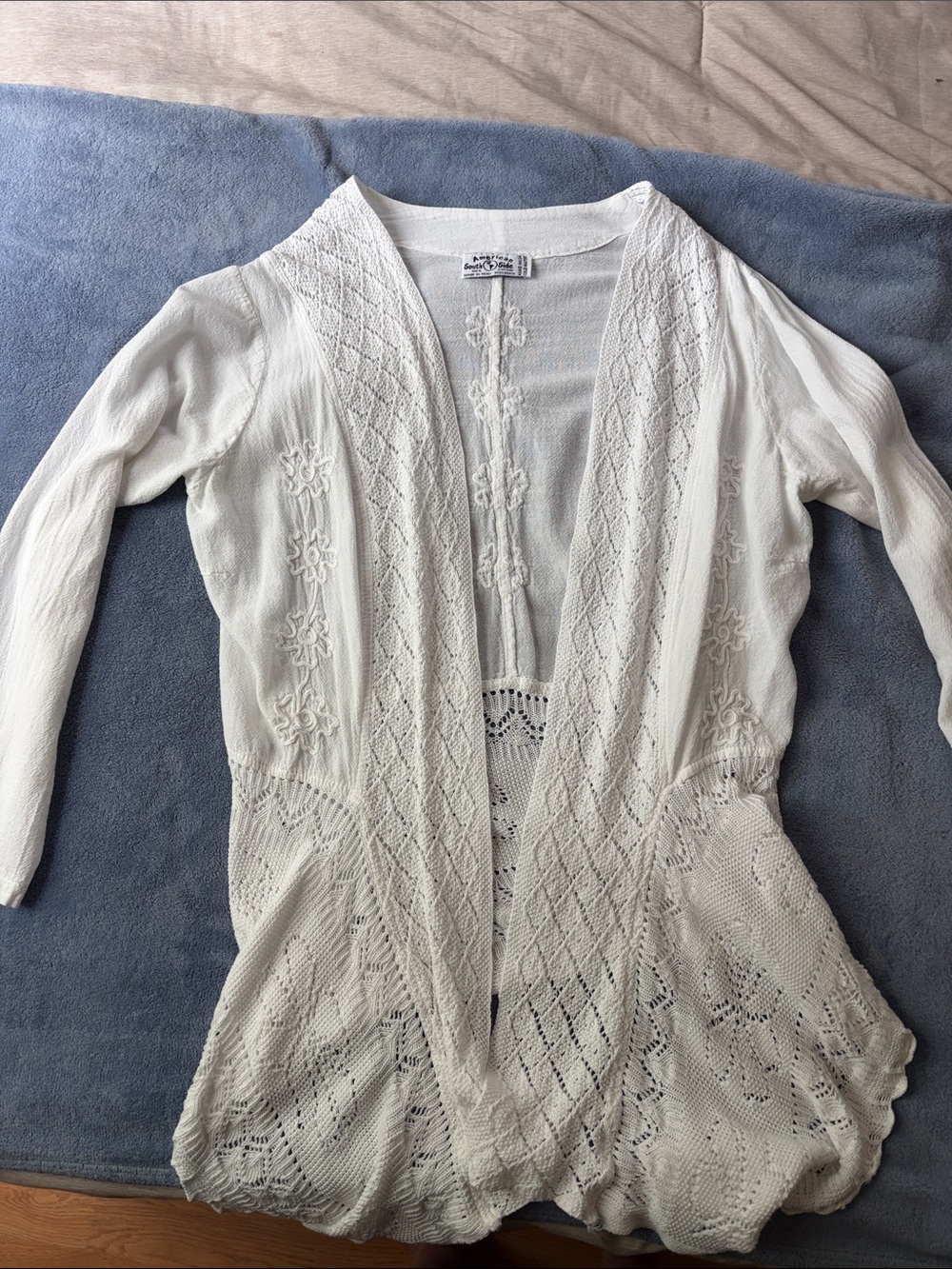 American South Side Lightweight White Open-Front Crochet Cotton Cardigan